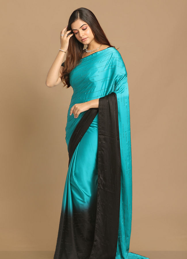 alt message - Mohey Women Light Blue And Black Combination Saree image number 0