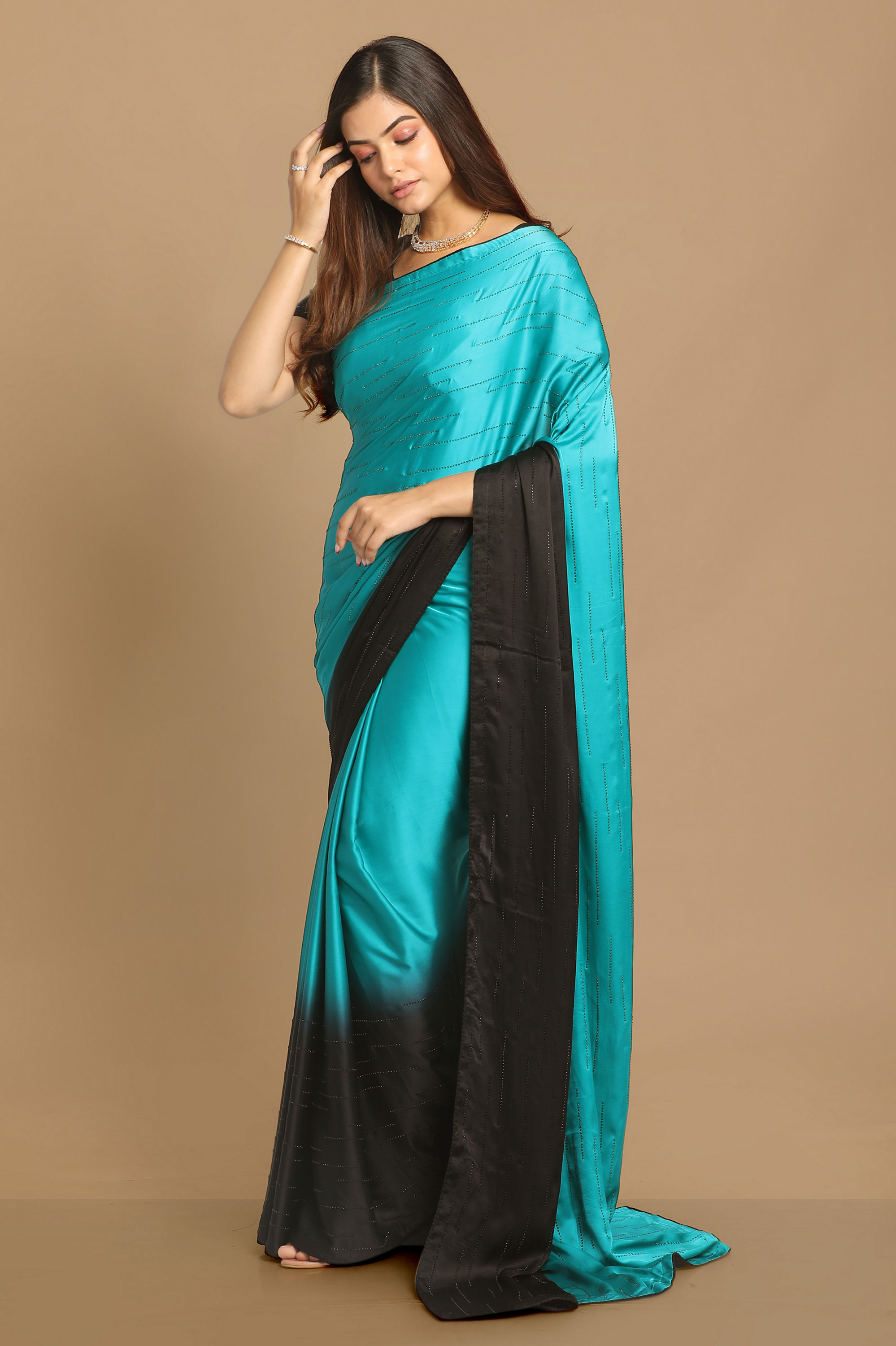 Mohey Women Light Blue And Black Combination Saree