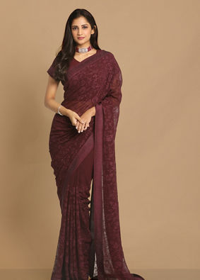 alt message - Mohey Women Coveted Wine Saree image number 0