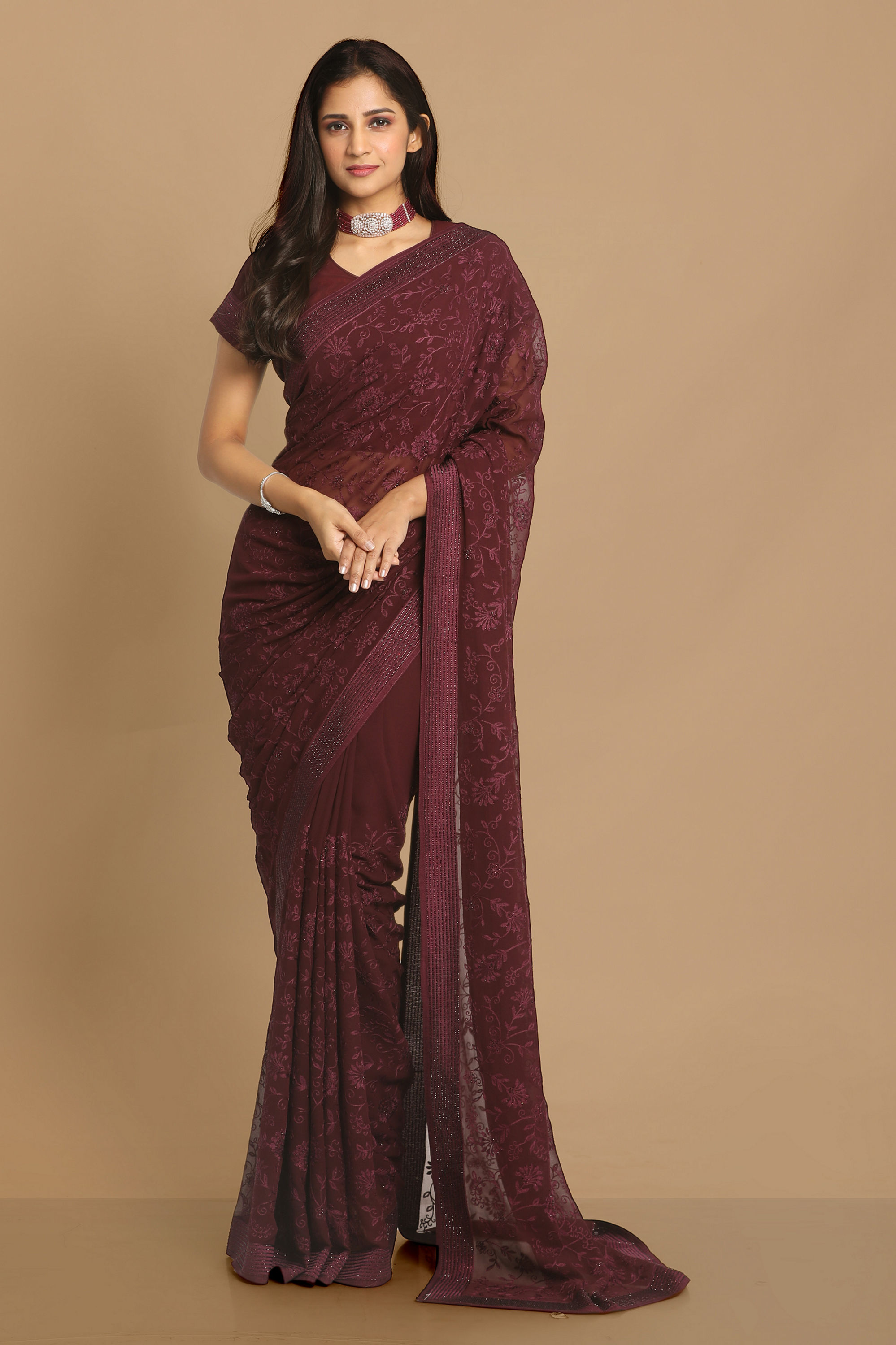 Mohey Women Coveted Wine Saree