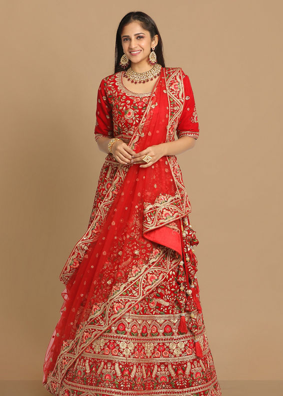 Mohey Women Red Floral Embroidered Bridal Lehenga