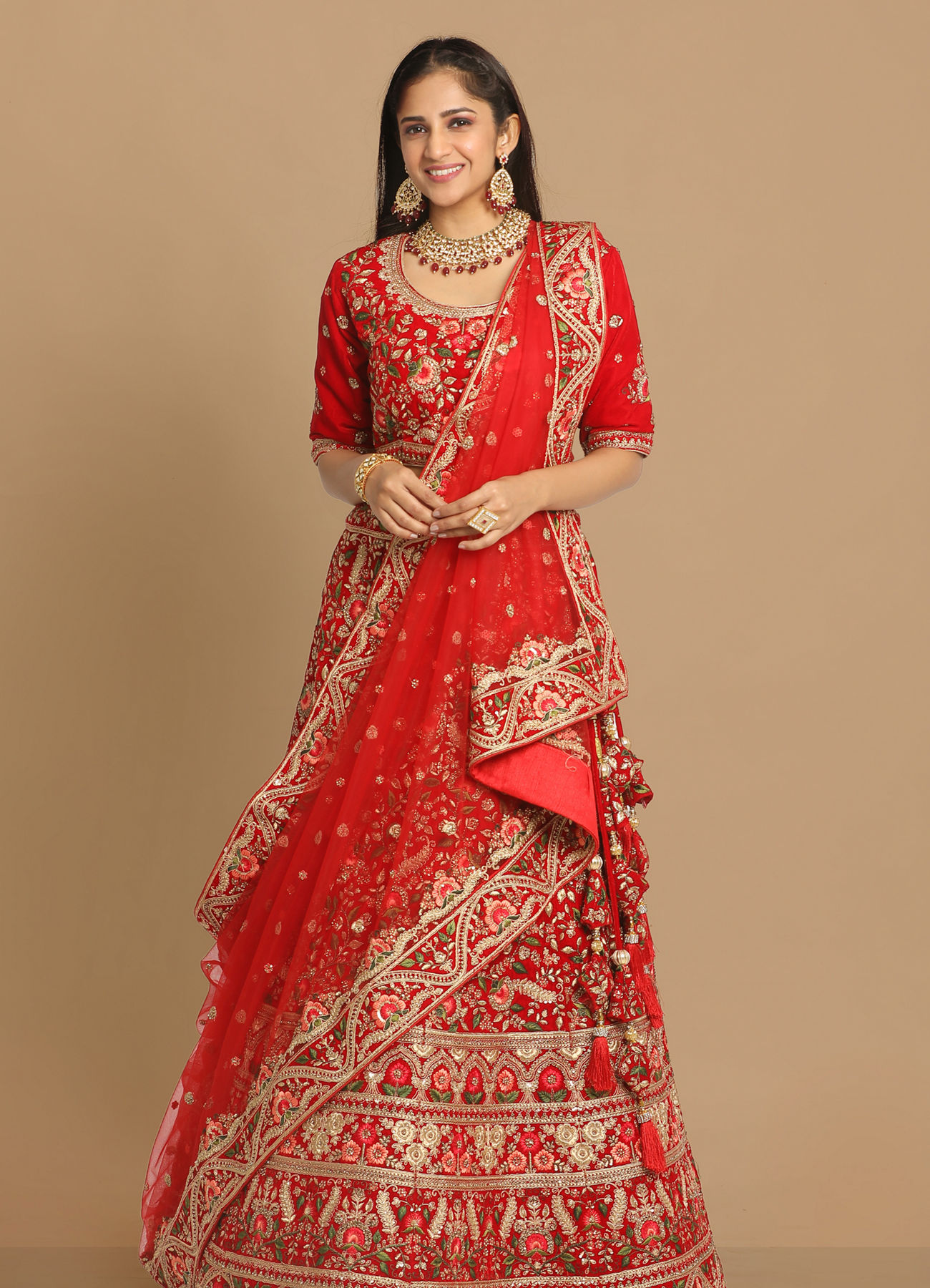 Mohey Women Red Floral Embroidered Bridal Lehenga