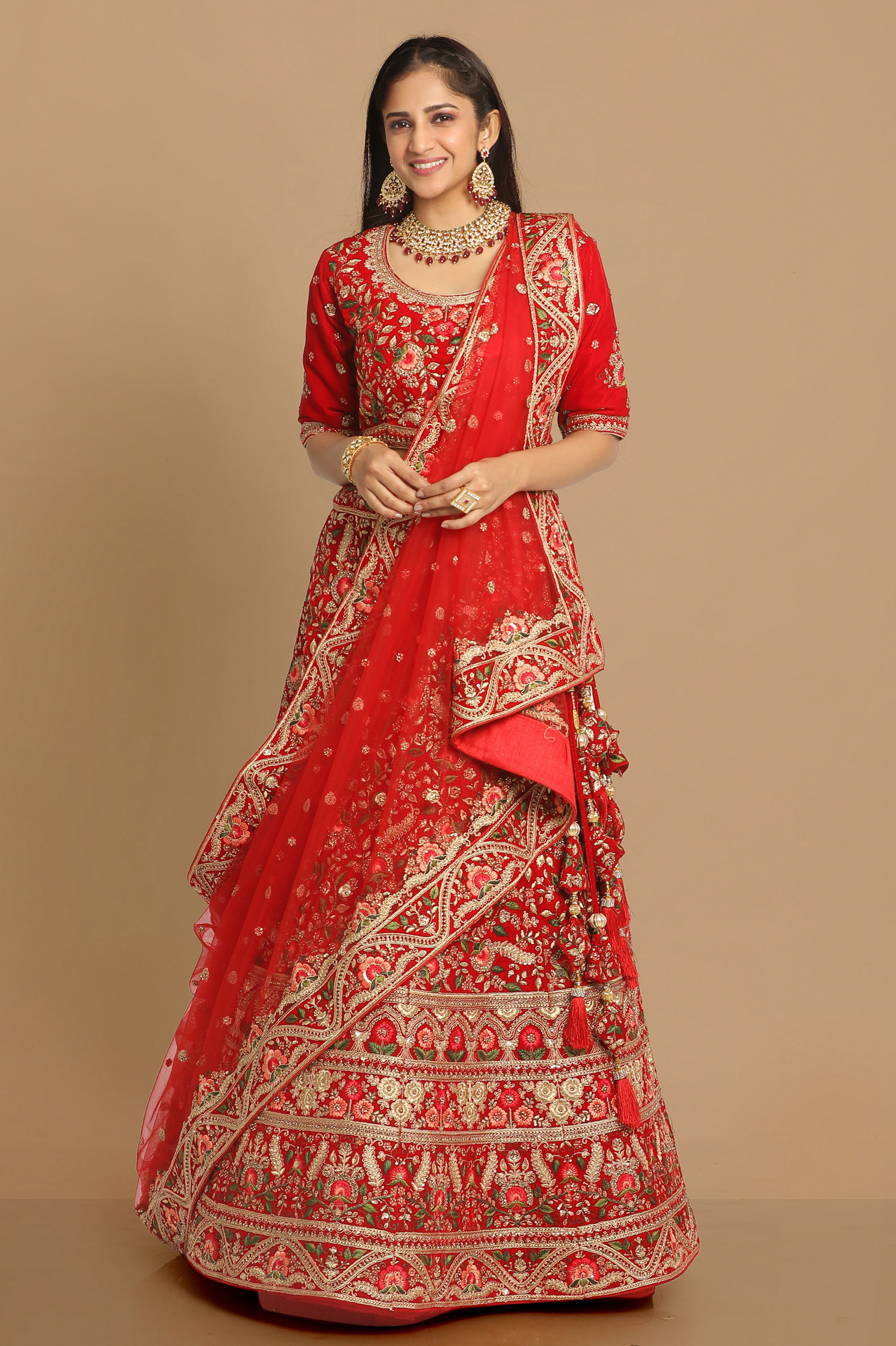 Mohey Women Red Floral Embroidered Bridal Lehenga