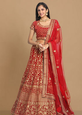 Mohey Women Red Zari Embroidered Bridal Lehenga