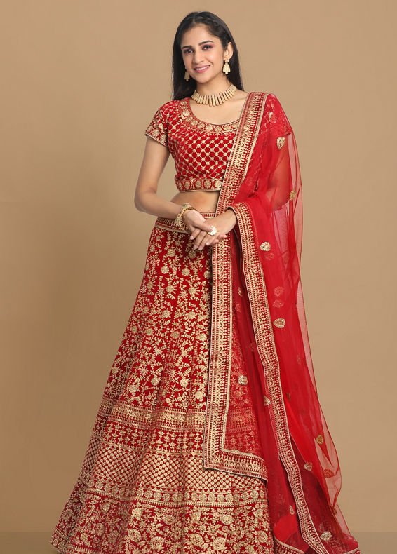 Mohey Women Red Zari Embroidered Bridal Lehenga