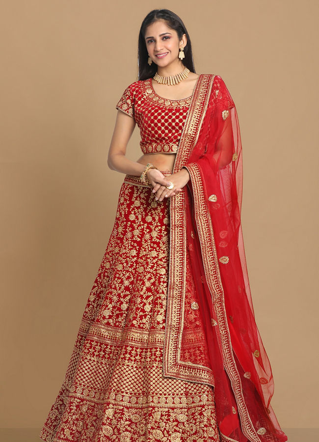 Mohey Women Red Zari Embroidered Bridal Lehenga