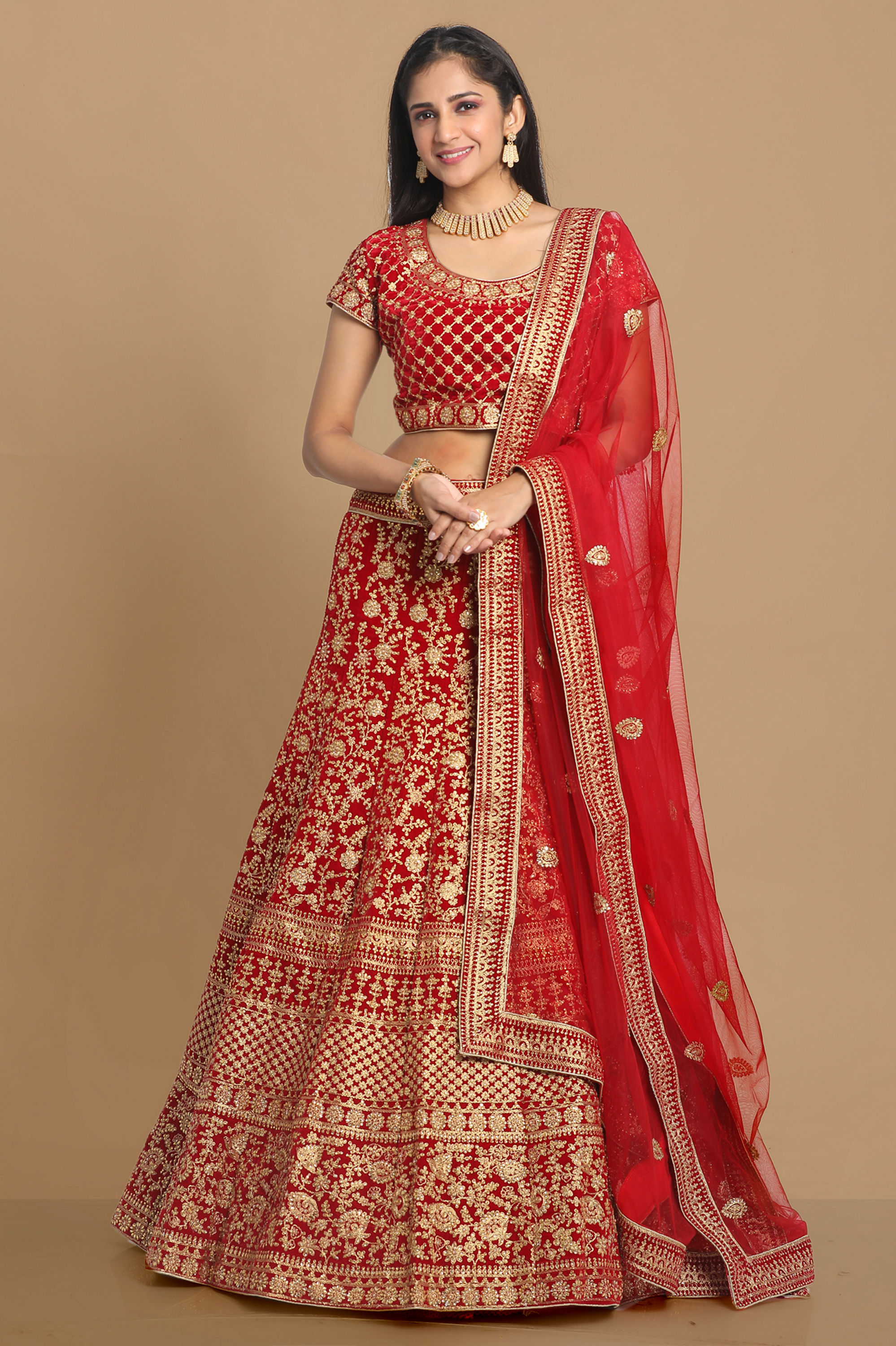 Mohey Women Red Zari Embroidered Bridal Lehenga