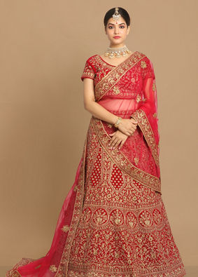 Cherry red and Sunrise Orange Rhinestone Work Bridal Lehenga