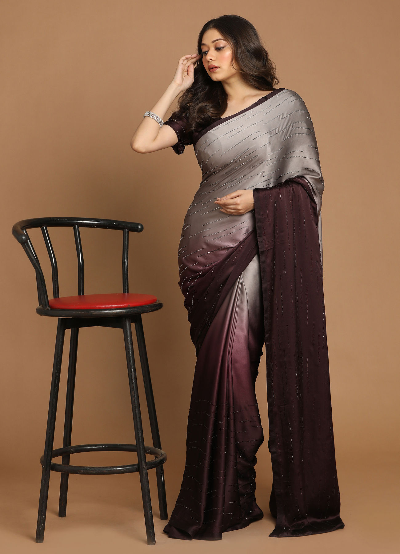 Mohey Women Partywear Wine And Grey Saree