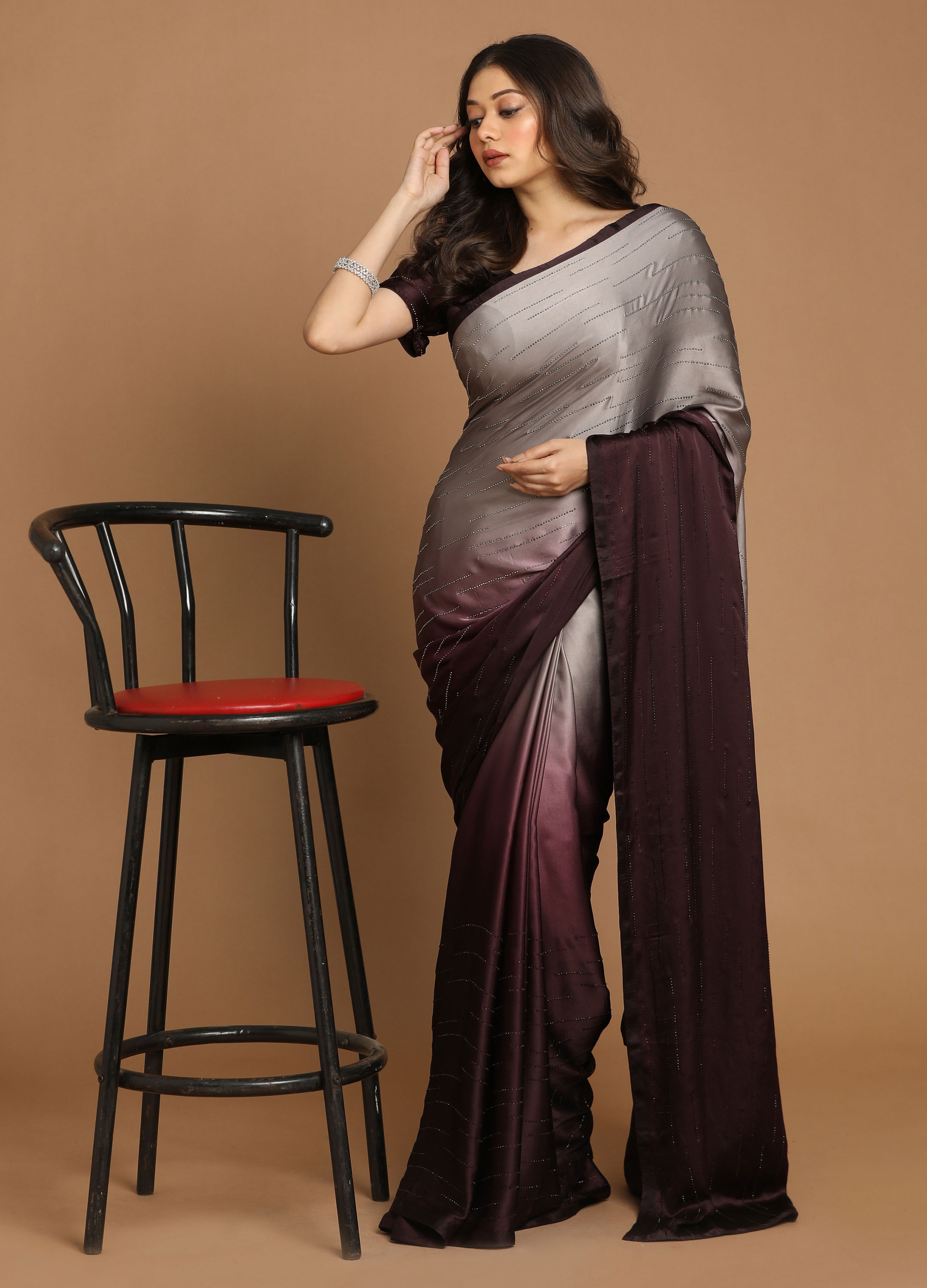 Mohey Women Partywear Wine And Grey Saree