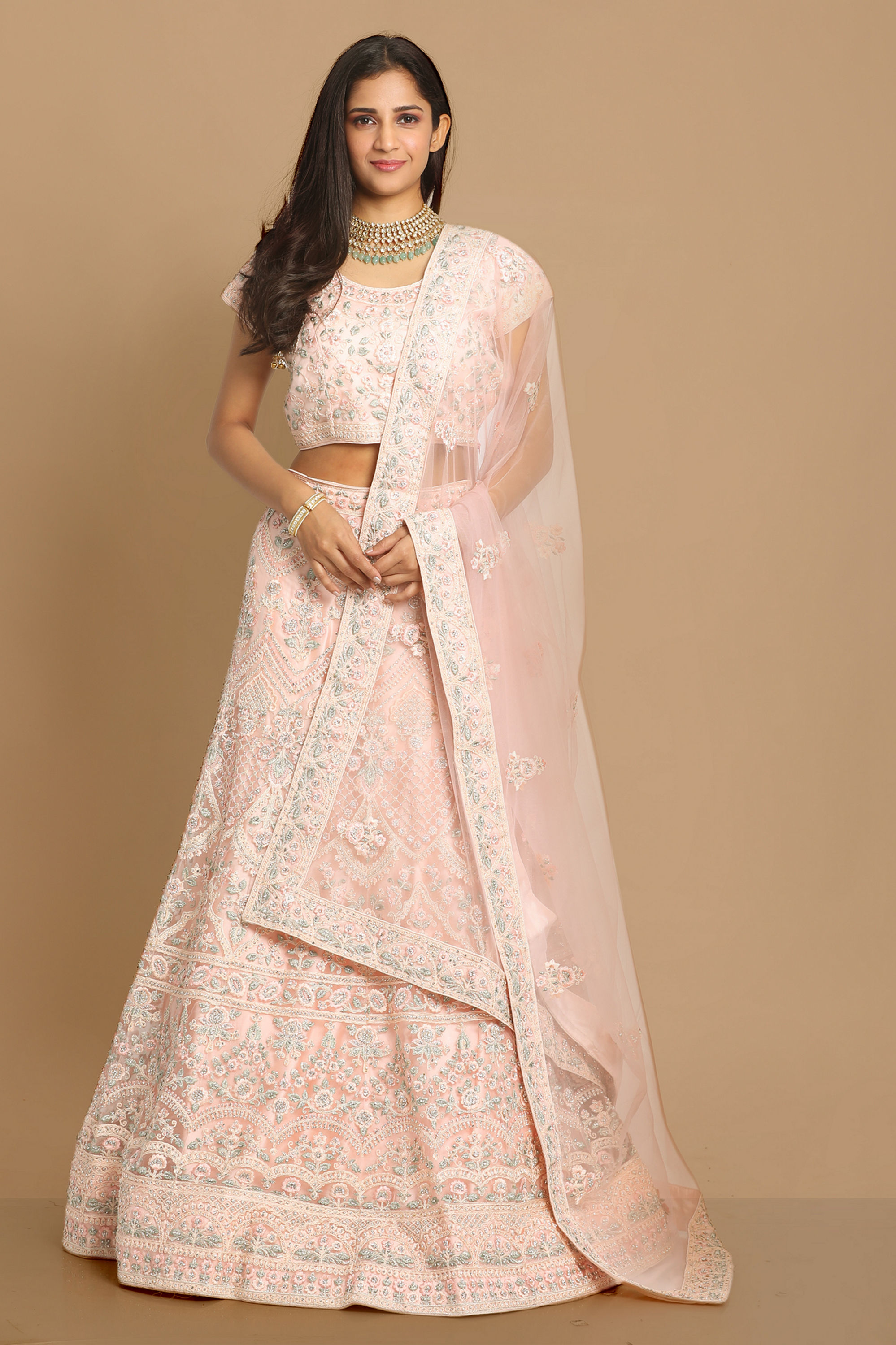 Mohey Women Detailed Pink Bridal Lehenga