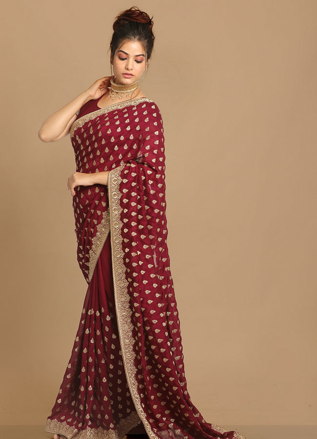 Mohey Women Royal Wine Embroidered Saree