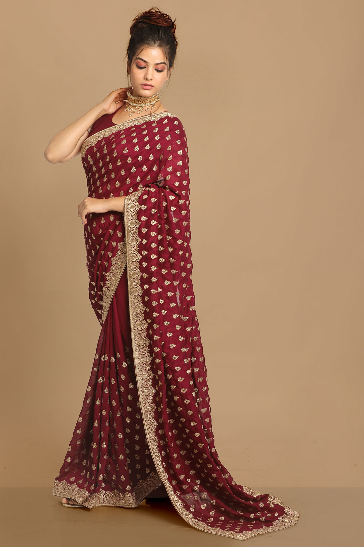 Mohey Women Royal Wine Embroidered Saree