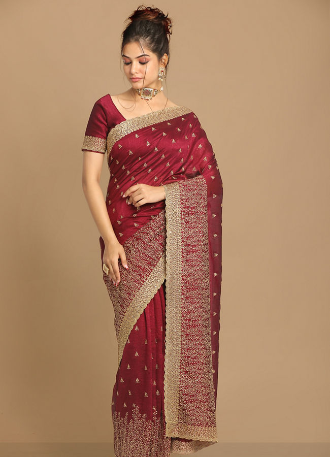 alt message - Mohey Women Sensational Wine Saree image number 0