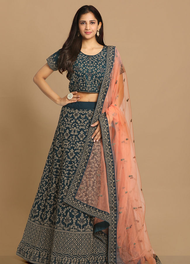 alt message - Mohey Women Exotic Blue Georgette Lehenga image number 0