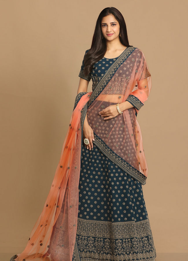 alt message - Mohey Women Blissful Blue Lehenga image number 0