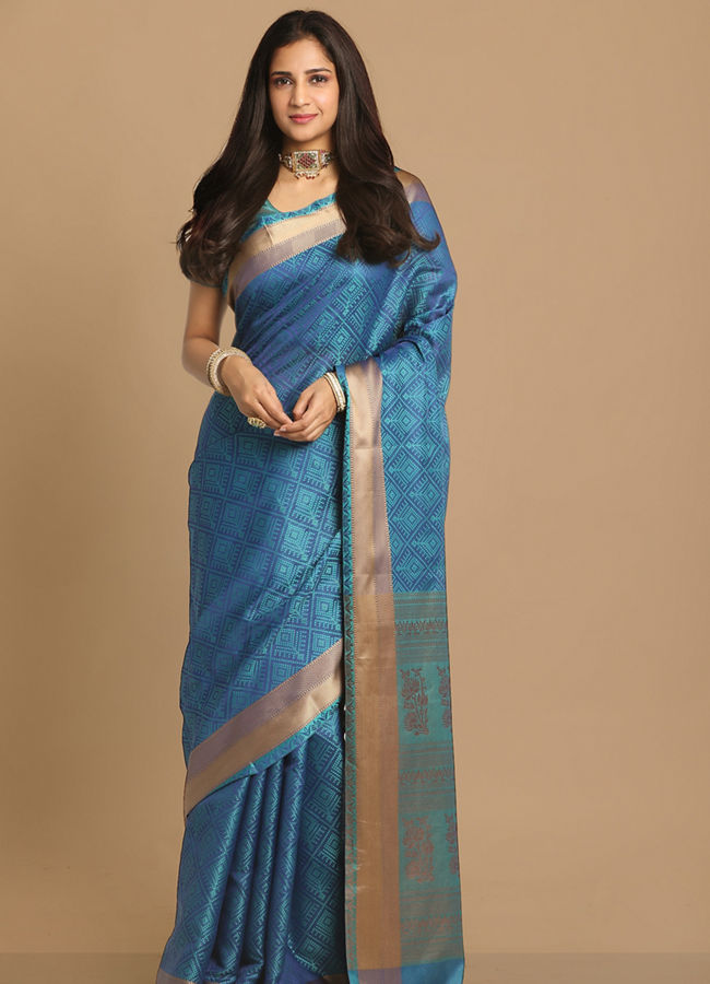 alt message - Mohey Women Glamorous Blue Designer Saree image number 0