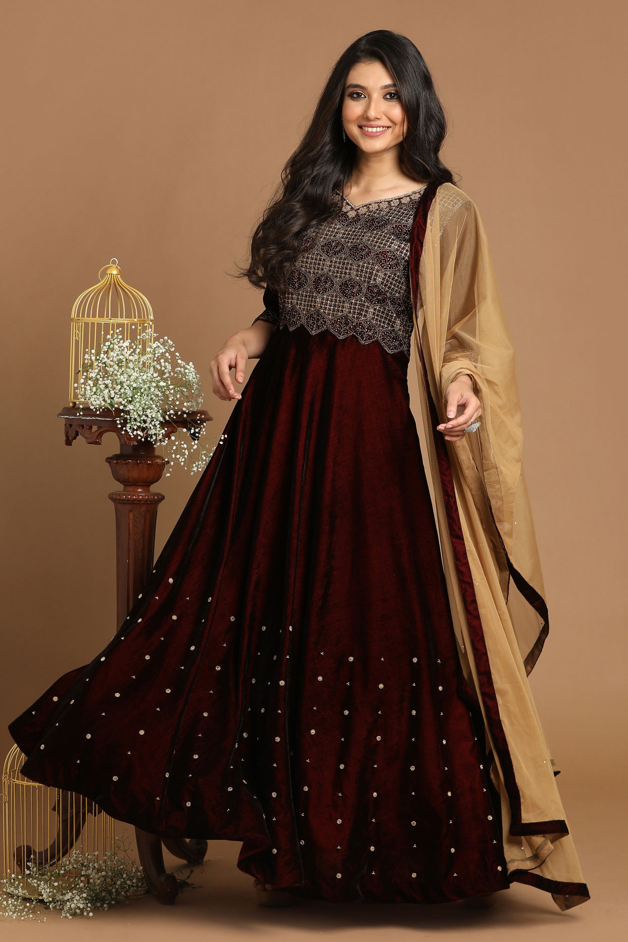 Mohey Women Velvet Maroon Gown