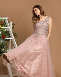 Mohey Women Pink Net Gown With Embroidery