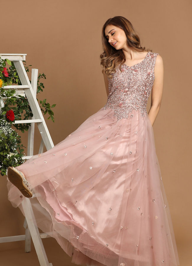 Pink Net Gown With Embroidery image number 0