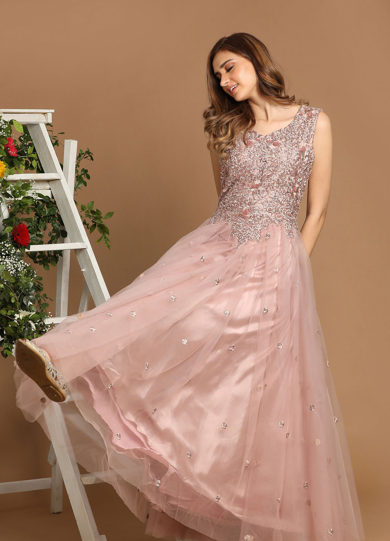 Mohey Women Pink Net Gown With Embroidery