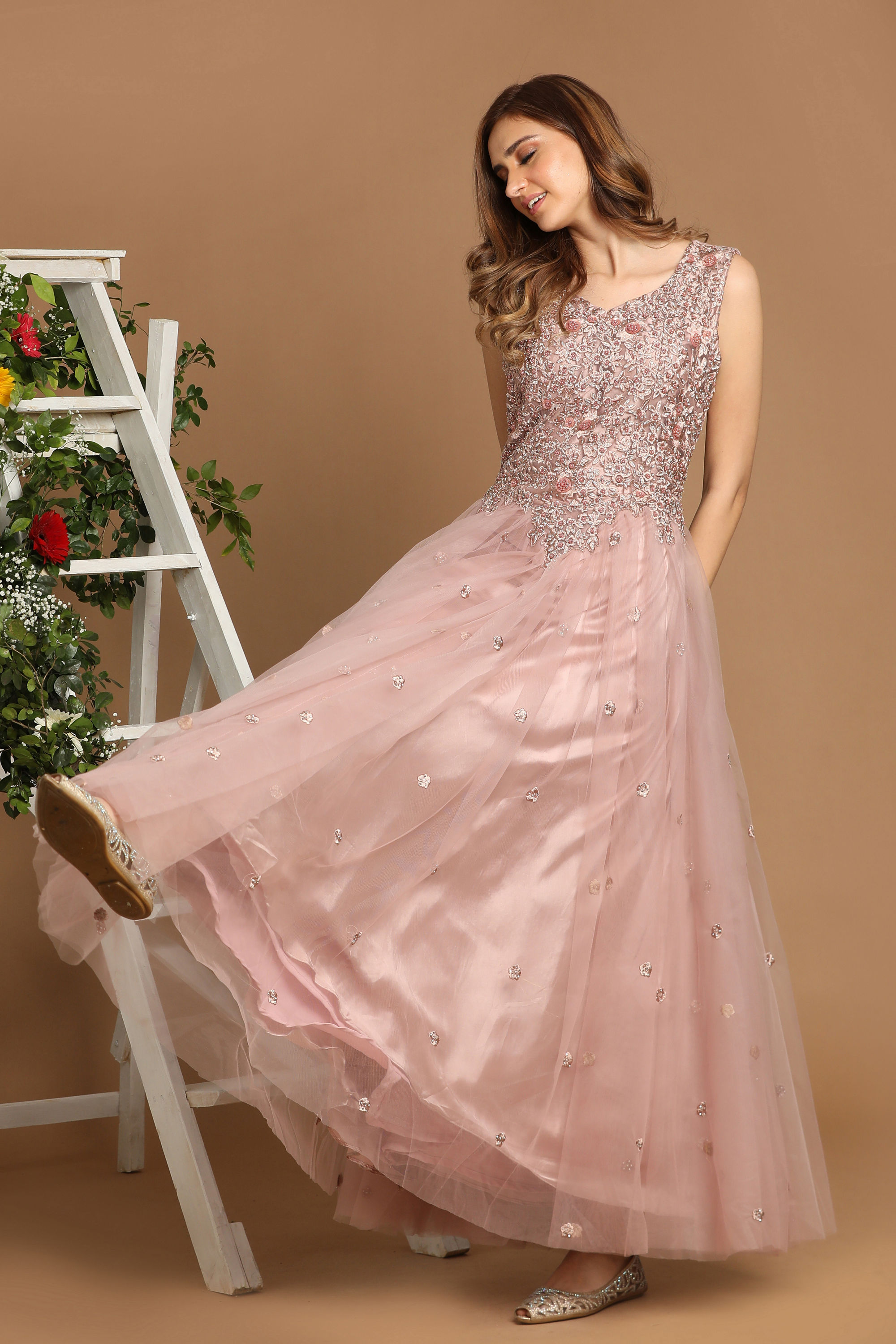 Mohey Women Pink Net Gown With Embroidery