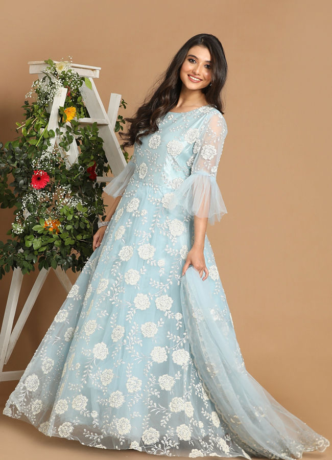 alt message - Mohey Women Light Blue Net Gown image number 2