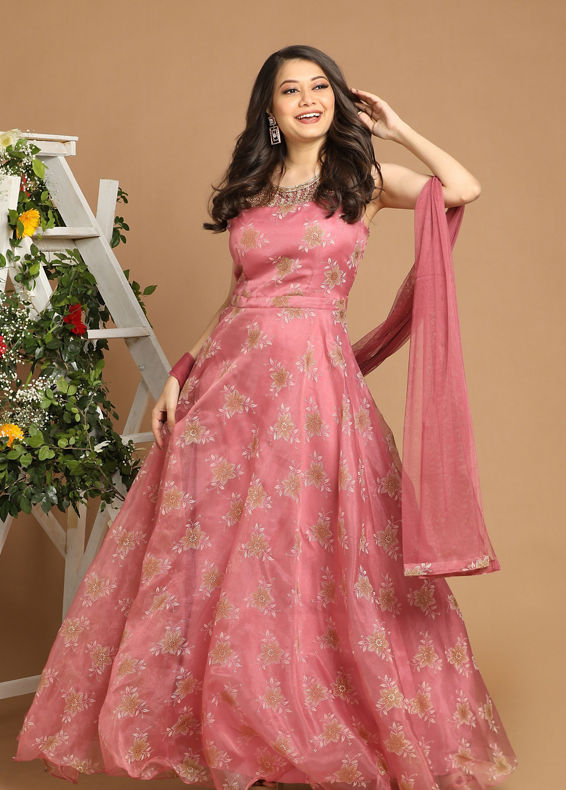 Mohey Women Pink Organza Stitched Suit