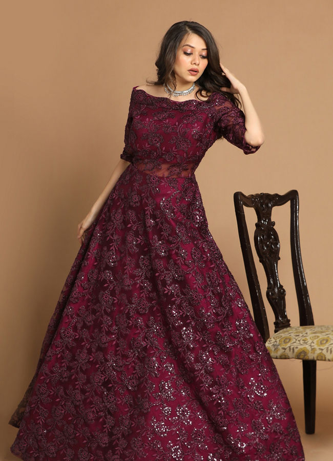 alt message - Mohey Women Off Shoulder Purple Gown image number 2