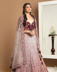 Mohey Women Purple Imperial Patterned Embroidered Bridal Lehenga