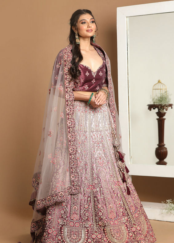 Mohey Women Purple Imperial Patterned Embroidered Bridal Lehenga