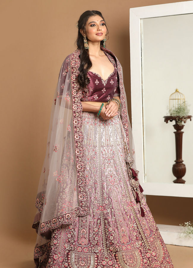 Purple Imperial Patterned Embroidered Bridal Lehenga image number 0