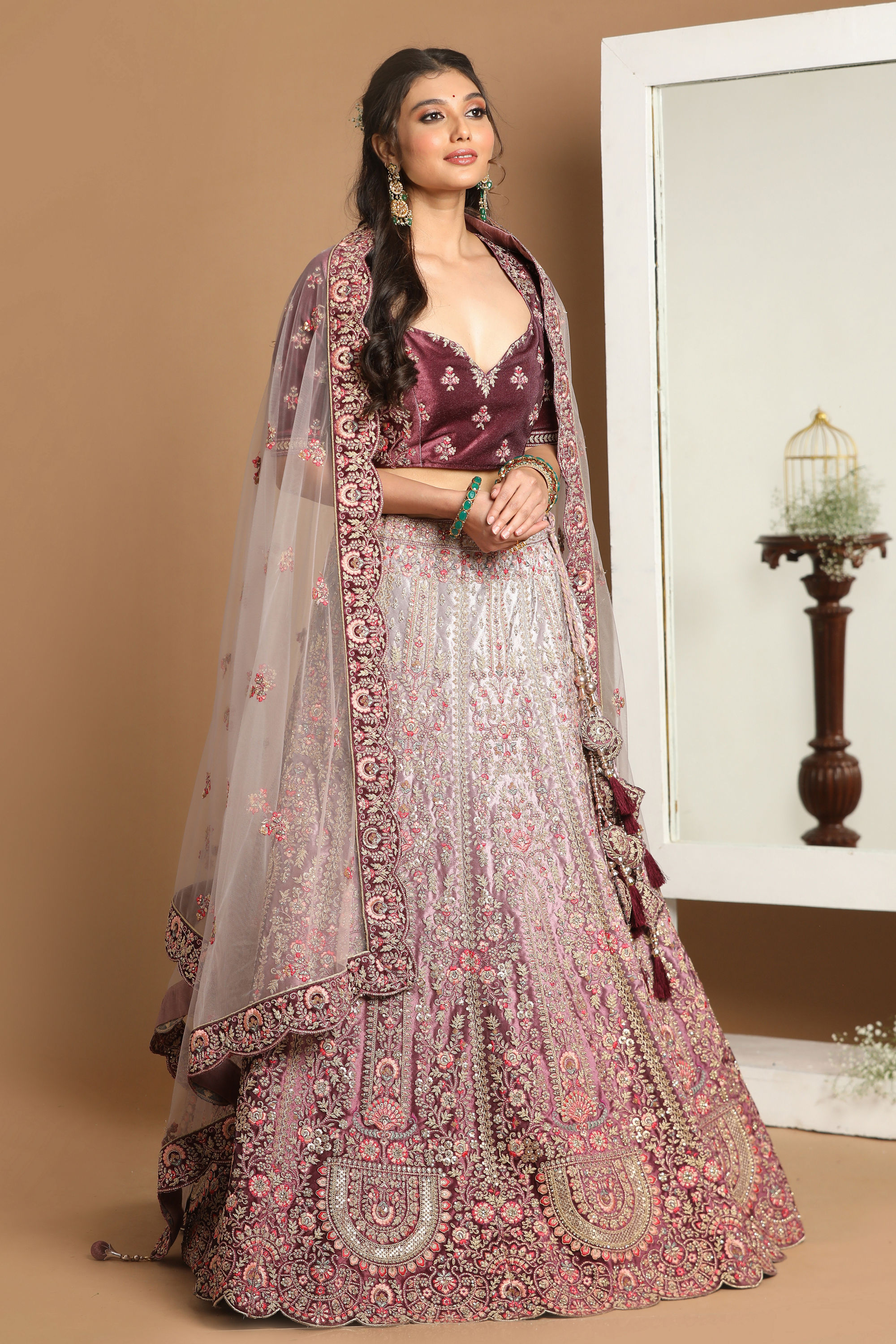 Mohey Women Purple Imperial Patterned Embroidered Bridal Lehenga