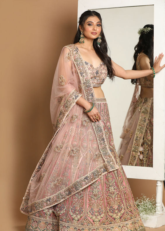 Mohey Women Embellished Rosy Pink Bridal Lehenga
