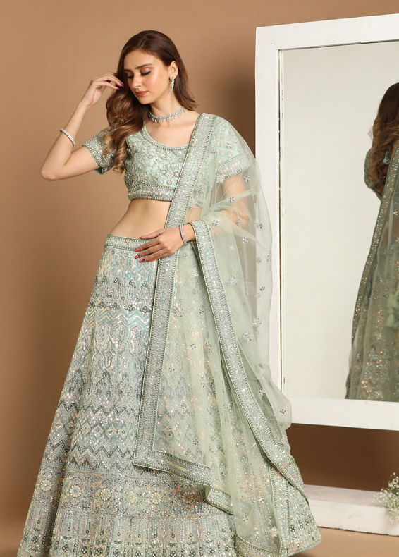 Mohey Women Charming Light Green Bridal Lehenga