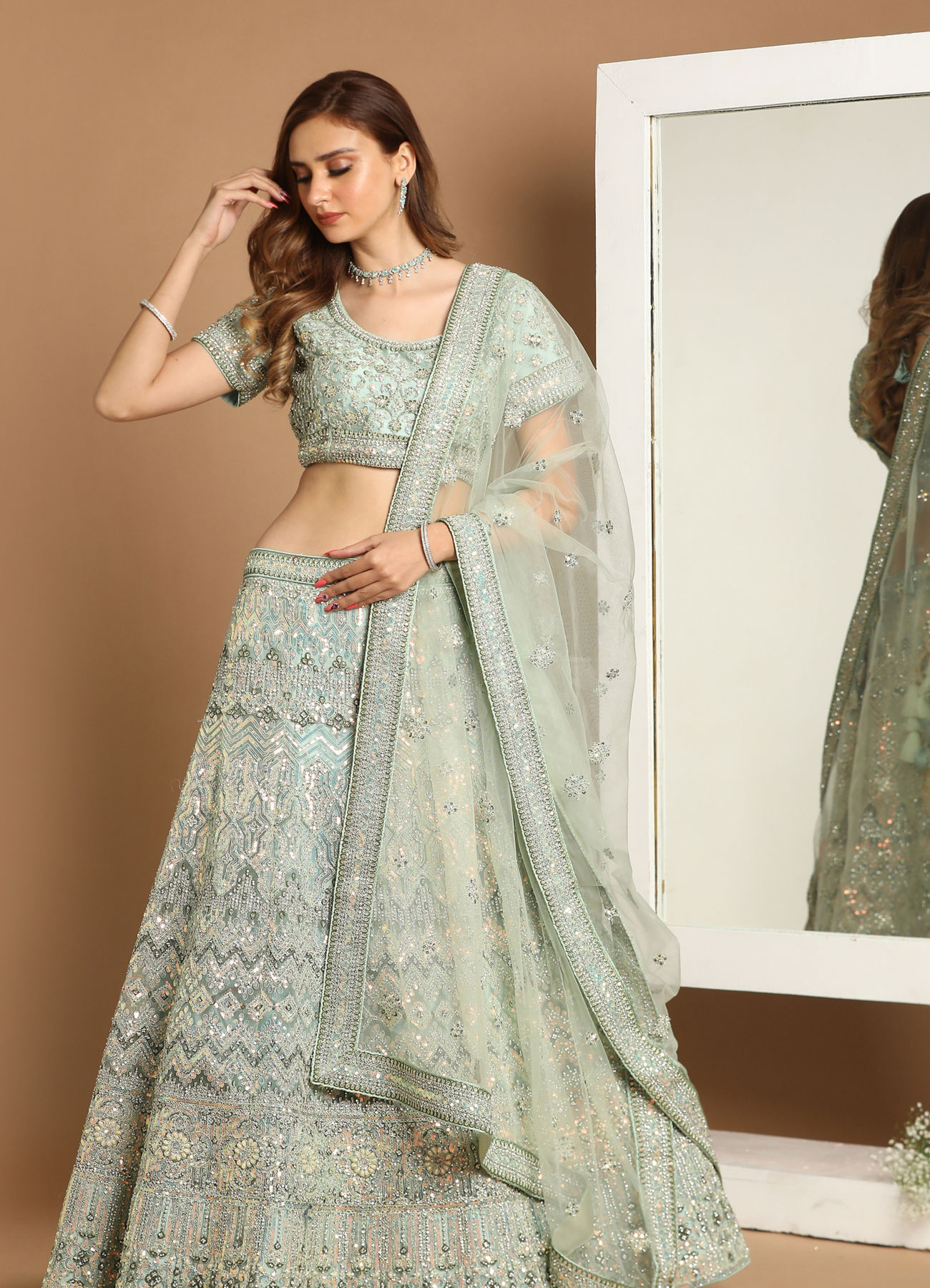 Mohey Women Charming Light Green Bridal Lehenga