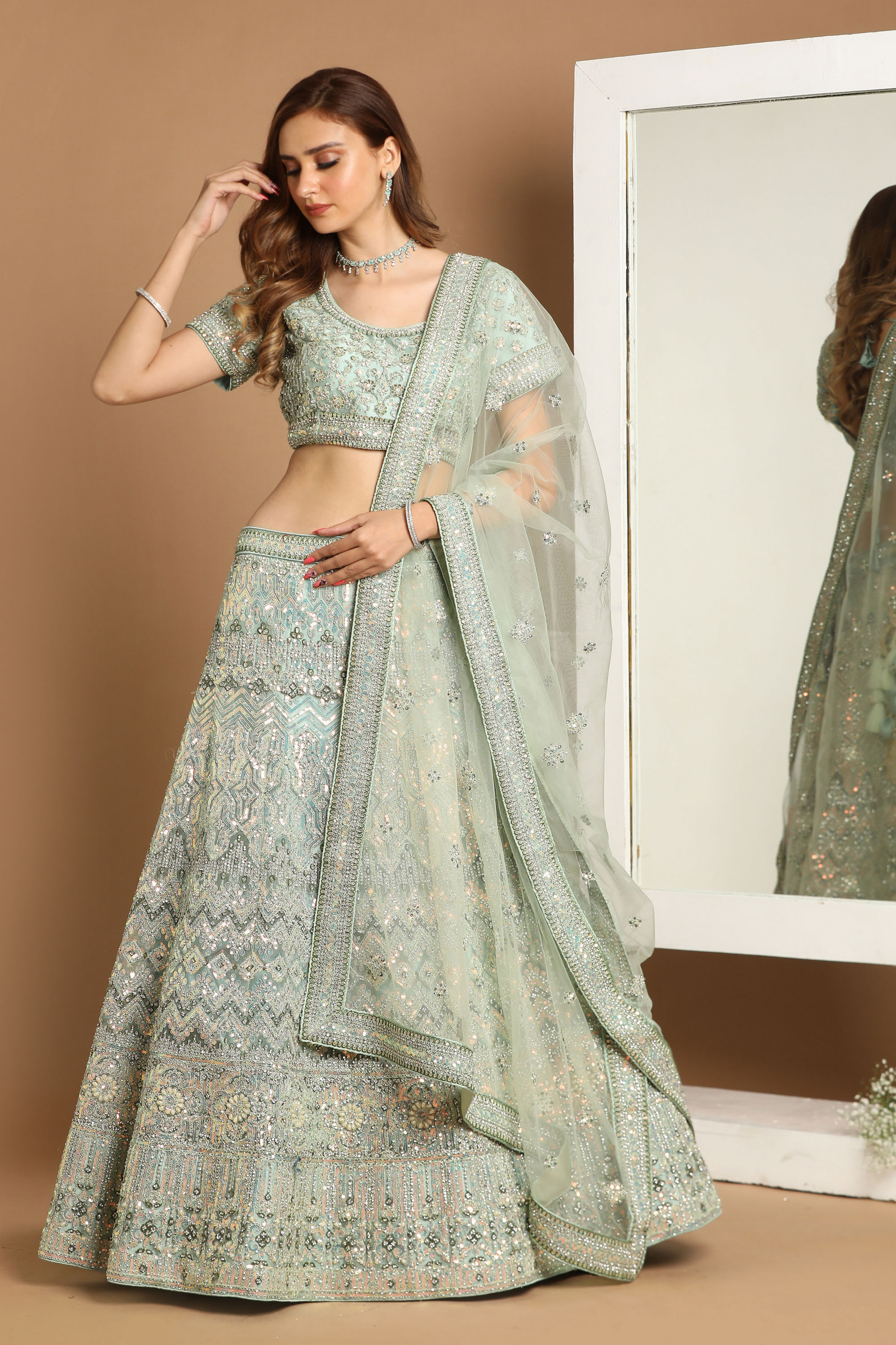 Mohey Women Charming Light Green Bridal Lehenga