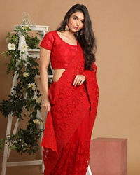 Mohey Women Gorgeous Red Net Saree