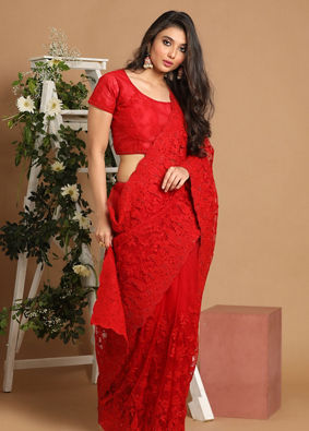 Gorgeous Red Net Saree image number 1