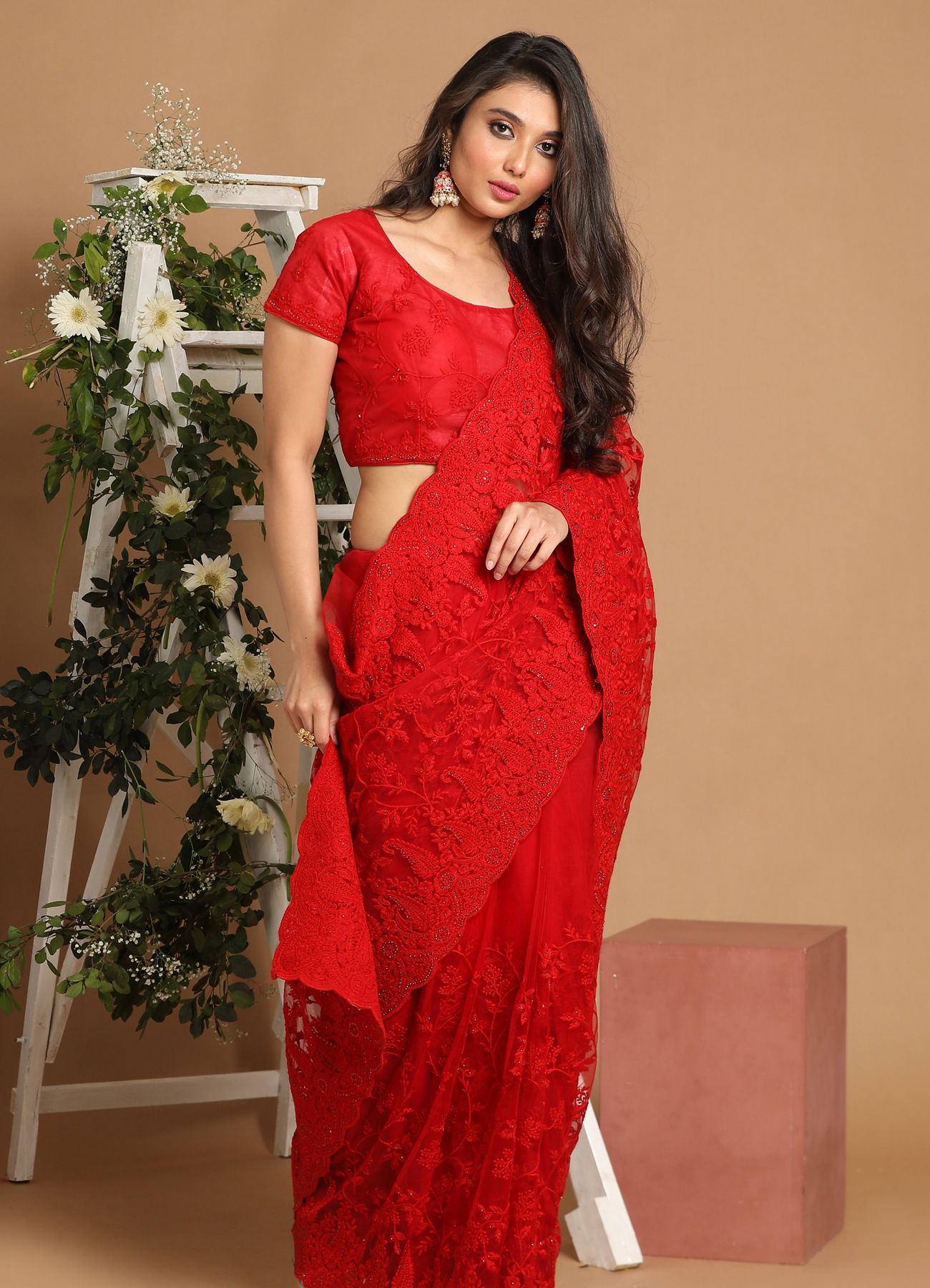 Mohey Women Gorgeous Red Net Saree