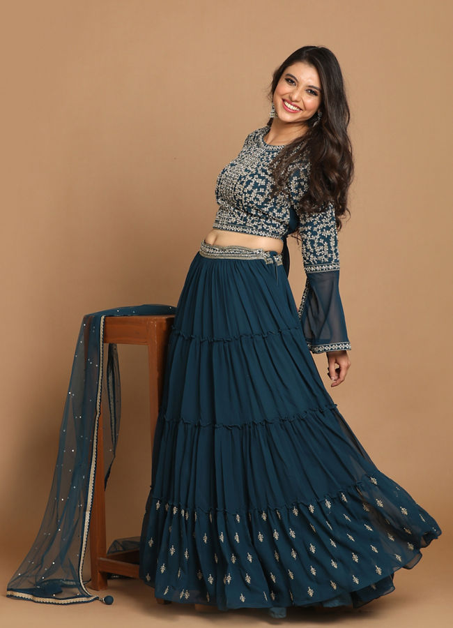 alt message - Mohey Women Classy Blue Lehenga image number 0