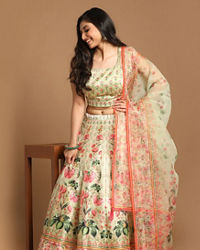 Mohey Women Glimmery Green Floral Print Lehenga