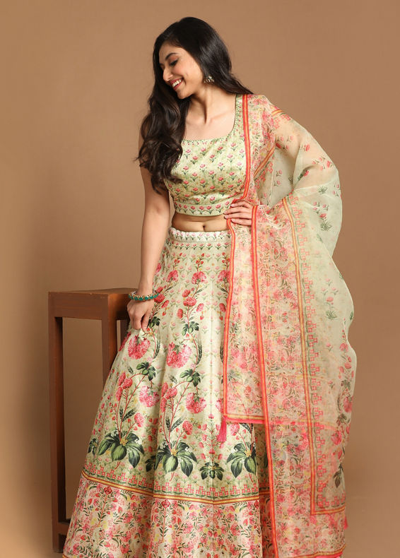 Mohey Women Glimmery Green Floral Print Lehenga
