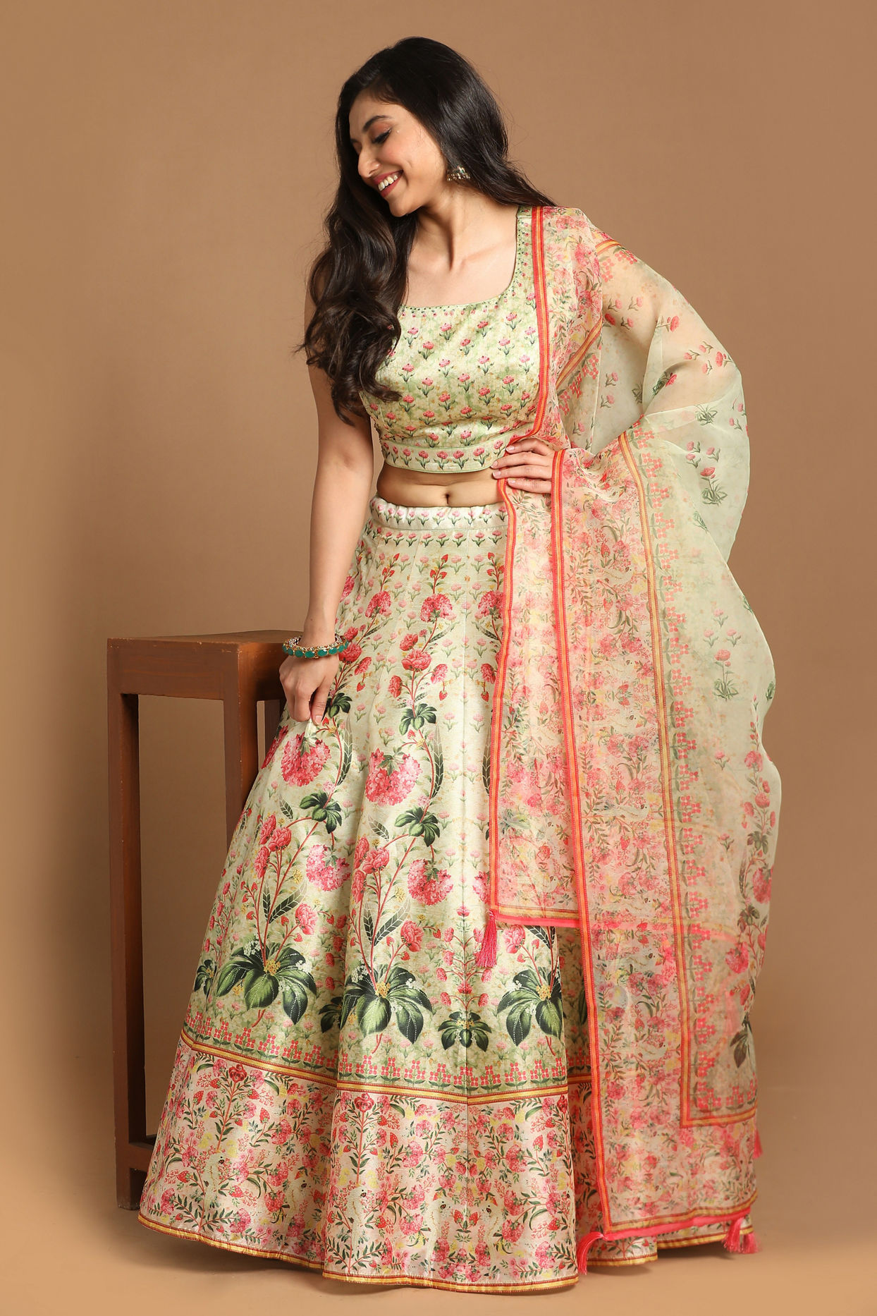 Glimmery Green Floral Print Lehenga image number 0