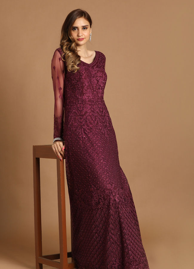 alt message - Mohey Women Dazzling Wine Party Wear Gown image number 2