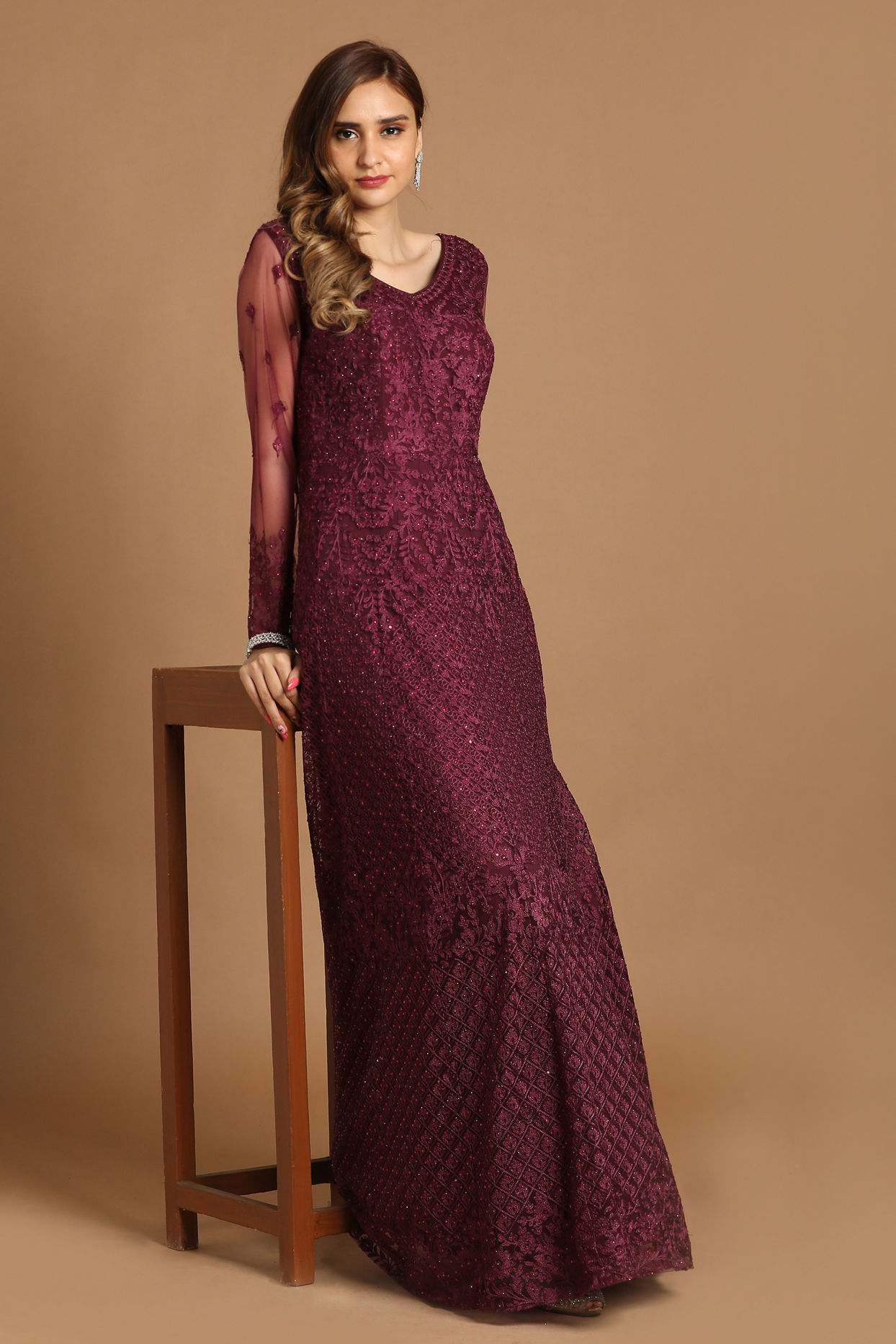 Mohey Women Dazzling Wine Party Wear Gown