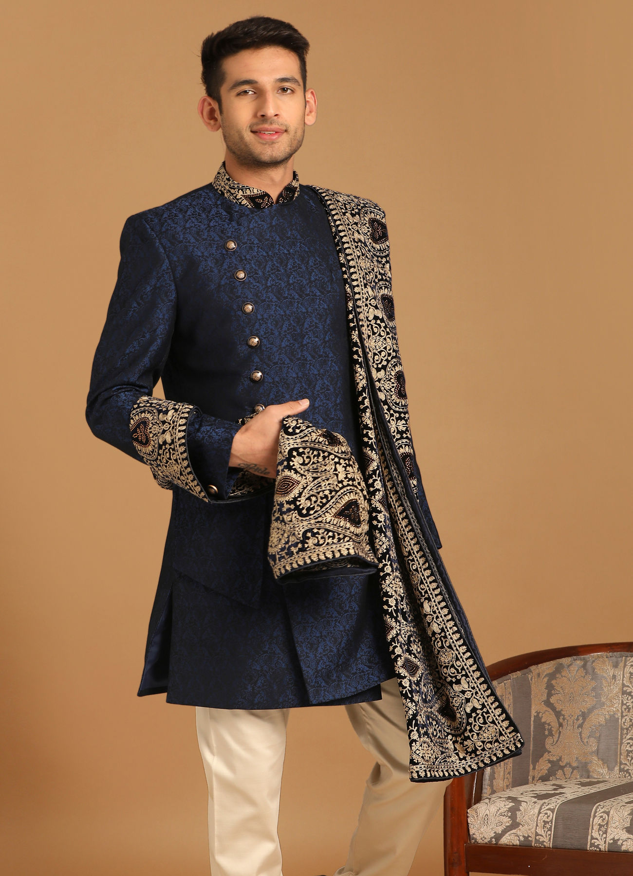 Manyavar Men Dark Blue Indo Western With Dupatta