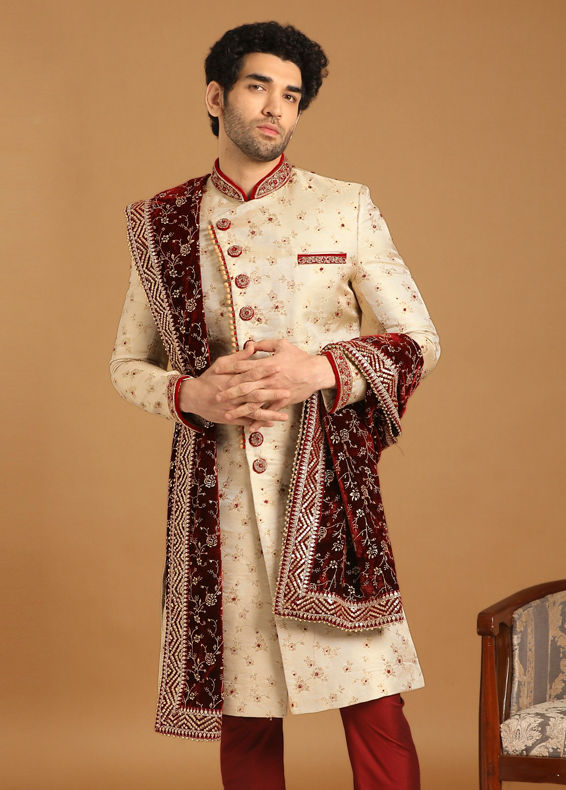 Manyavar Men Contemporary Biscuit Color Sherwani