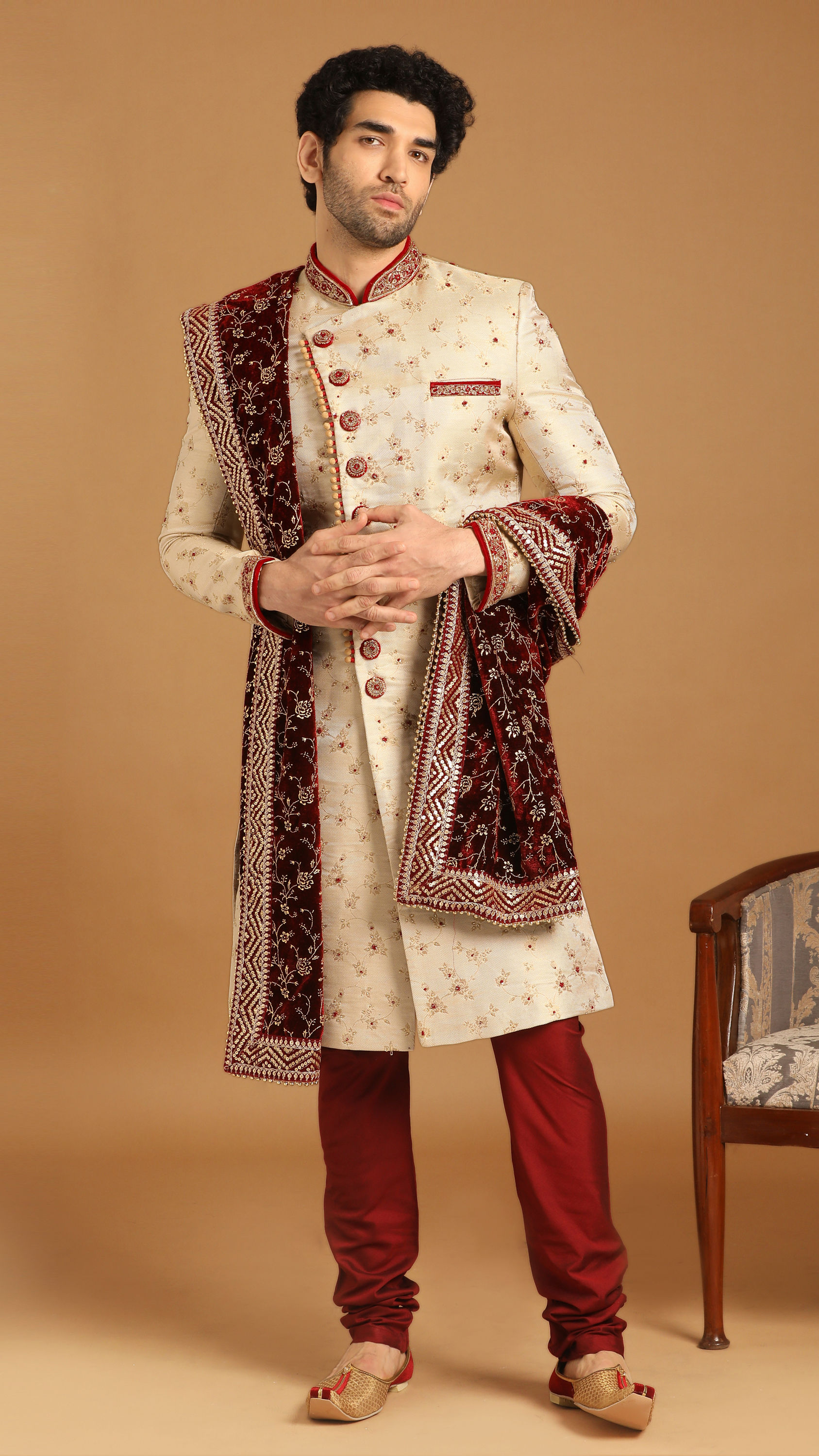 Manyavar Men Contemporary Biscuit Color Sherwani