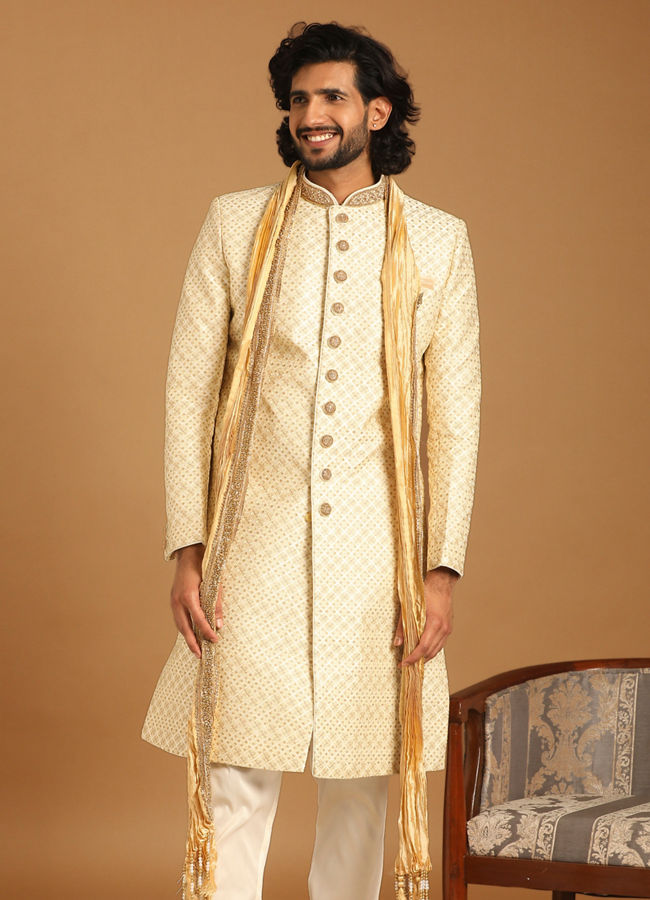 Manyavar Men Luxe Cream Color Sherwani image number 1